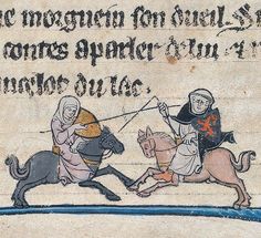 A nun and a monk, each on horseback,joust. The monk's lance is broken. Image from Yale Uni Library, Beinecke MS 229 100v.