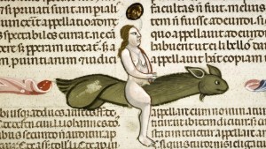 Medieval manuscript illustration showing a naked woman riding a penis-fish as you would a horse. The penis has a smiley face and pointy ears.