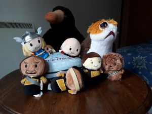 Cuddly toys of a Niffler, a Porg, Chewbacca, Thor, Captain Jean-Luc Picard, Geordi La Forge, Data, Worf and the Enterprise from Star Trek: the Next Generation