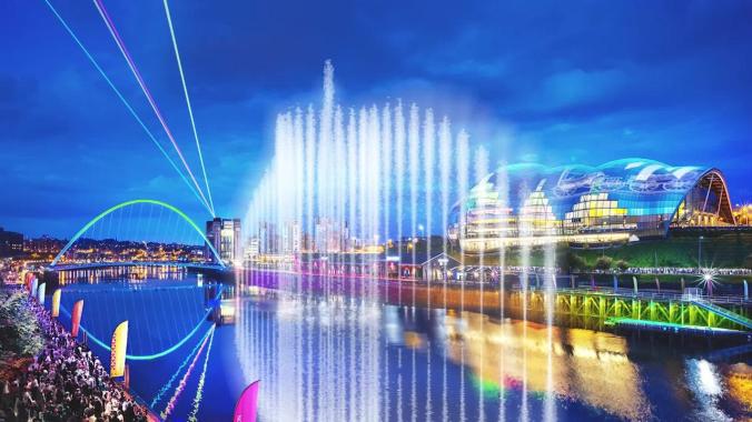 Water sculpture rising into the air on the NewcastleGateshead Quayside
