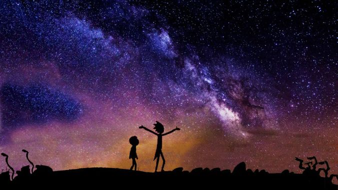 Silhouettes of Rick and Morty against a blue starry sky.