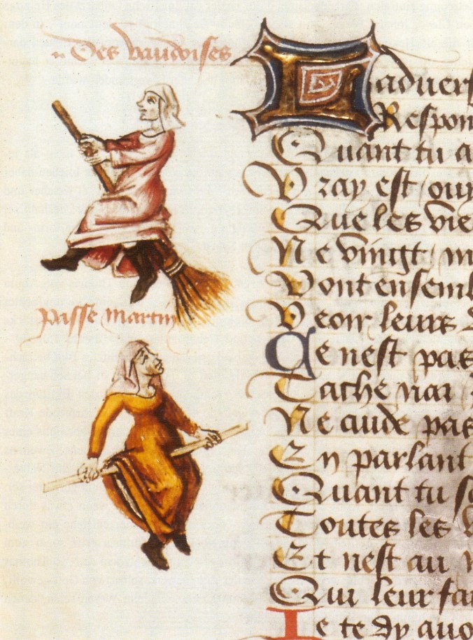 Medieval manuscript image of a two women riding brooms.