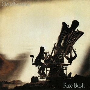 Album cover of "Cloudbusting" by Kate Bush showing the singer and a large trumpet-like machine on a hillside.