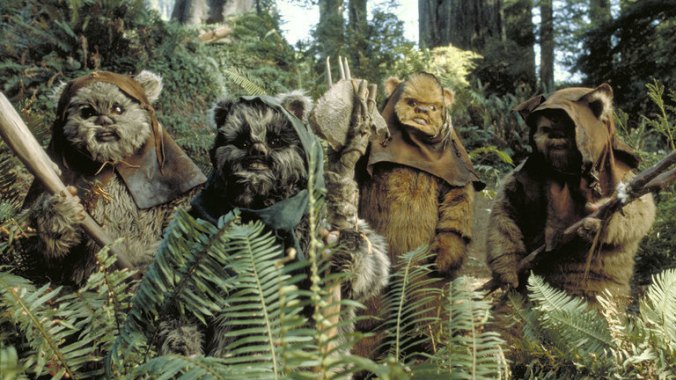 A group of Ewoks on their home moon, Endor, from Star Wars.
