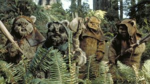 A group of Ewoks on their home moon, Endor, from Star Wars.