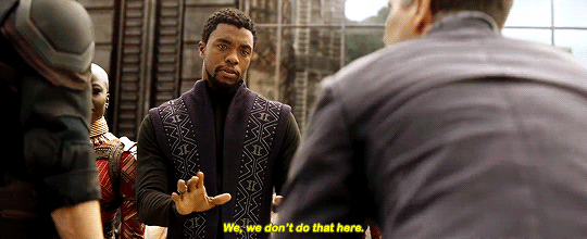 Gif of T'Challa stopping Bruce Banner bowing, captioned "we don't do that here."